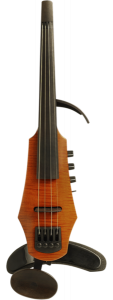 NS Design CR Series Electric Violin with Amber Satin finish, show in full front view with attached shoulder rest and chin rest.
