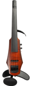 NS Design NXTa Series Electric Violin with Sunburst finish, show in full front view with attached shoulder rest and chin rest.