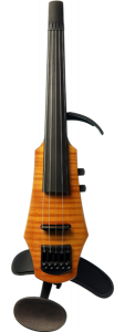 NS Design WAV Series Electric Violin with Amberburst finish, show in full front view with attached shoulder rest and chin rest.
