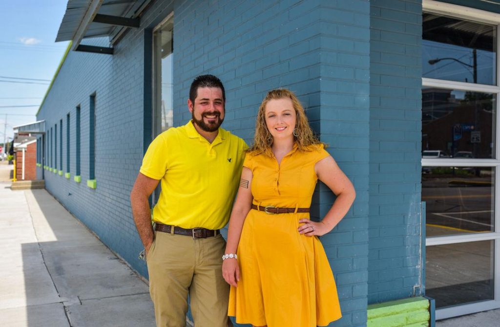 New owners, Charlie and Anna Blanton in front of their Kentuckiana Music Center, New Albany, IN.