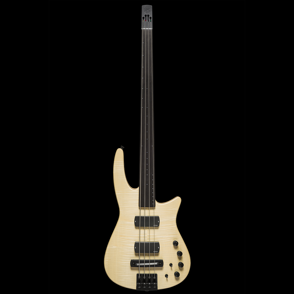 CR Radius Bass Guitar Natural Satin Fretless Front Vertical photograph
