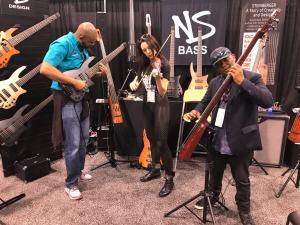 NS Artists Donald Waugh and Bakithi Kumalo playing the CR Radius Bass prototype and the WAV Electric Upright Bass at the Winter NAMM 2020 booth