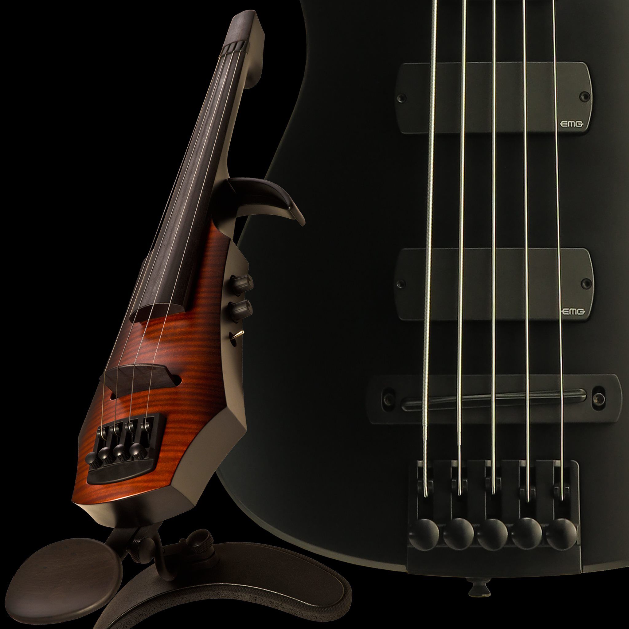 Close up photo fo NXTa Violin and NXTa Radius Bass guitar